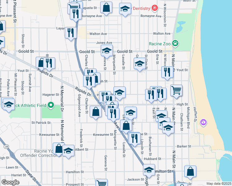 map of restaurants, bars, coffee shops, grocery stores, and more near 1820 Marquette Street in Racine