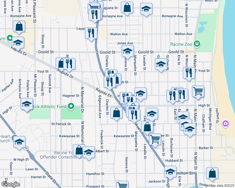 map of restaurants, bars, coffee shops, grocery stores, and more near 1229 English Street in Racine