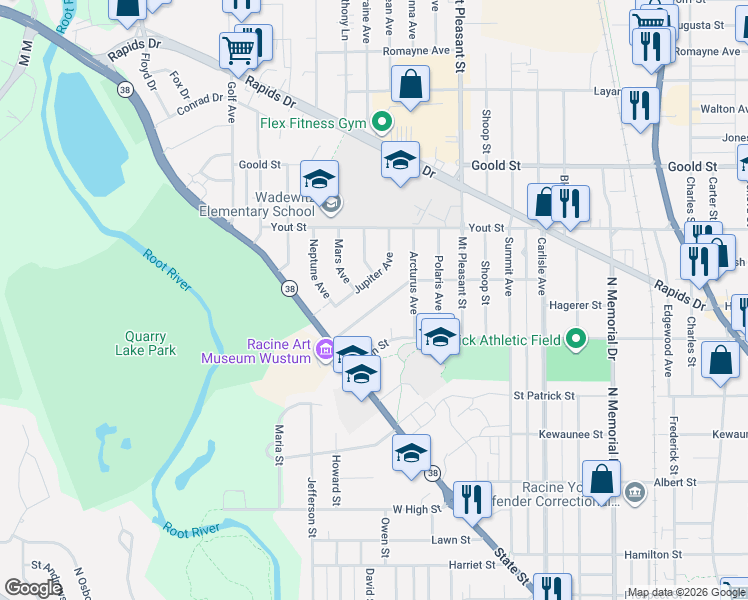 map of restaurants, bars, coffee shops, grocery stores, and more near 2500 Maple Grove Avenue in Racine