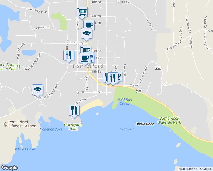 map of restaurants, bars, coffee shops, grocery stores, and more near 267 6th Street in Port Orford