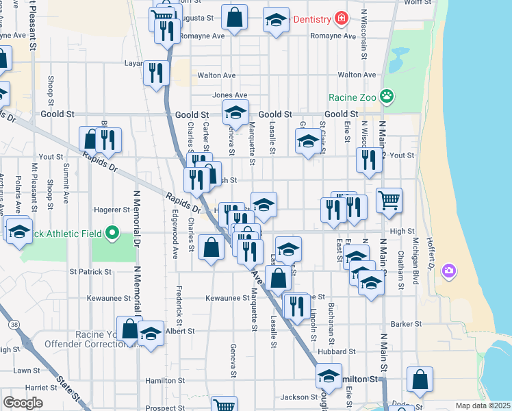 map of restaurants, bars, coffee shops, grocery stores, and more near 1820 Marquette Street in Racine