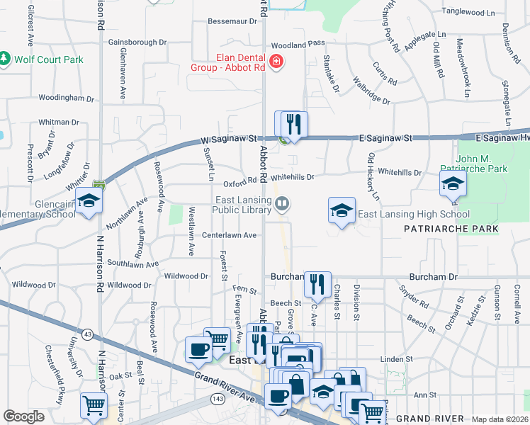map of restaurants, bars, coffee shops, grocery stores, and more near 1000 Abbot Road in East Lansing