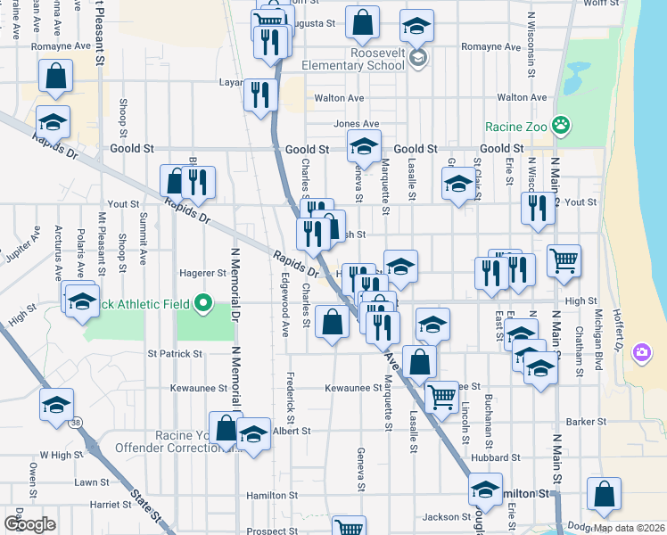 map of restaurants, bars, coffee shops, grocery stores, and more near 1809 Douglas Avenue in Racine