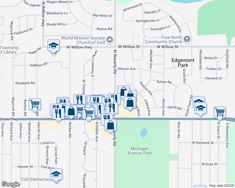 map of restaurants, bars, coffee shops, grocery stores, and more near 909 North Waverly Road in Lansing