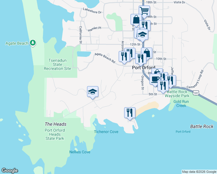 map of restaurants, bars, coffee shops, grocery stores, and more near 650 Tichenor Cemetery Road in Port Orford