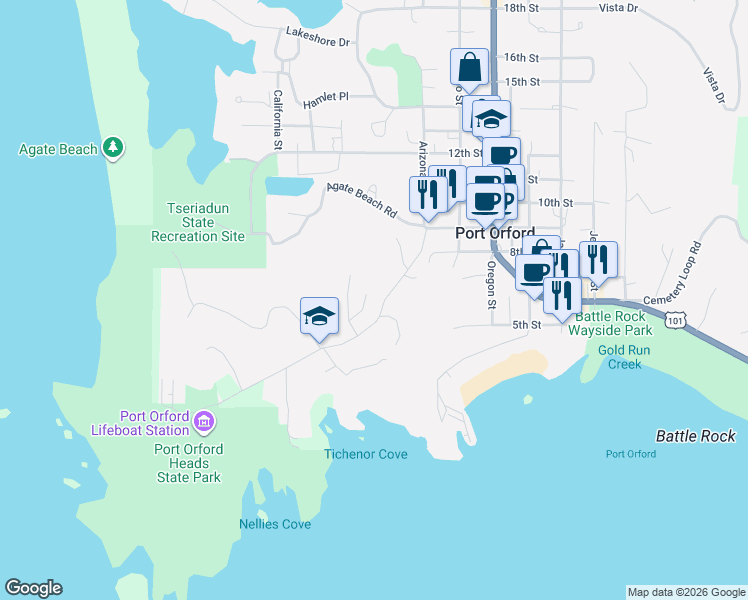 map of restaurants, bars, coffee shops, grocery stores, and more near Tichenor Cemetery Road in Port Orford