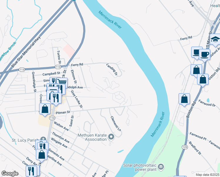 map of restaurants, bars, coffee shops, grocery stores, and more near 2 Brandee Lane in Methuen
