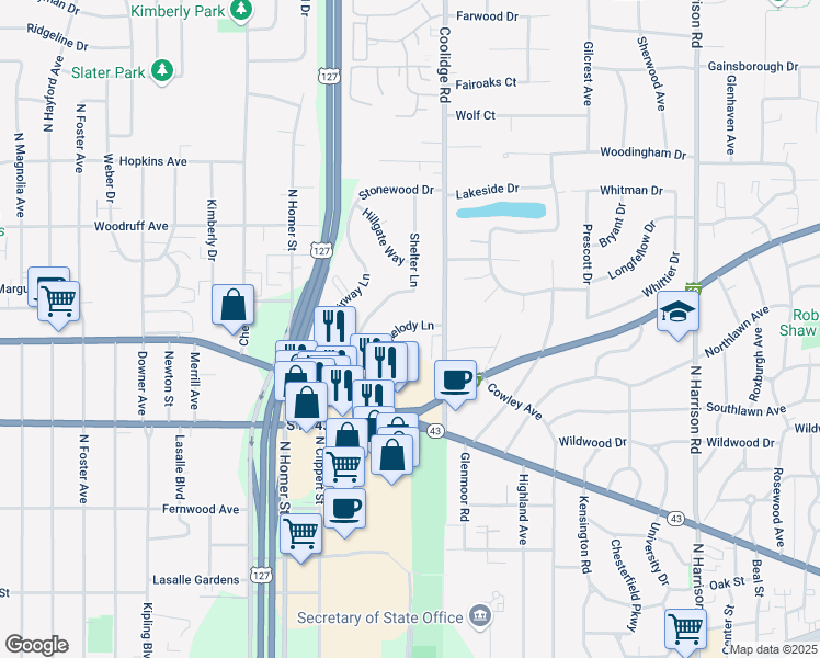 map of restaurants, bars, coffee shops, grocery stores, and more near 1020 Shelter Lane in Lansing