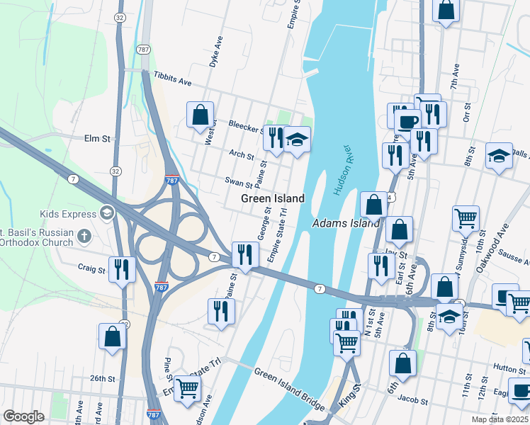 map of restaurants, bars, coffee shops, grocery stores, and more near in Green Island