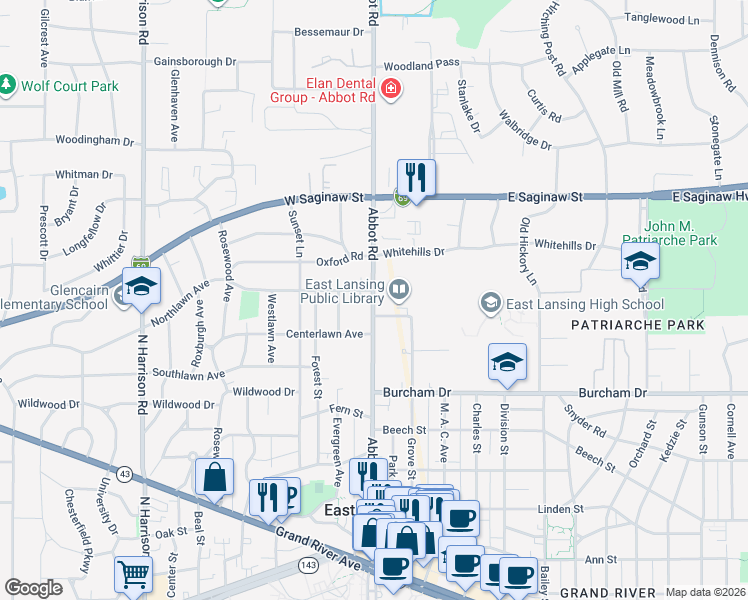 map of restaurants, bars, coffee shops, grocery stores, and more near 1000-1090 Abbot Rd in East Lansing
