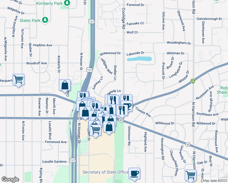 map of restaurants, bars, coffee shops, grocery stores, and more near 1020 Shelter Lane in Lansing