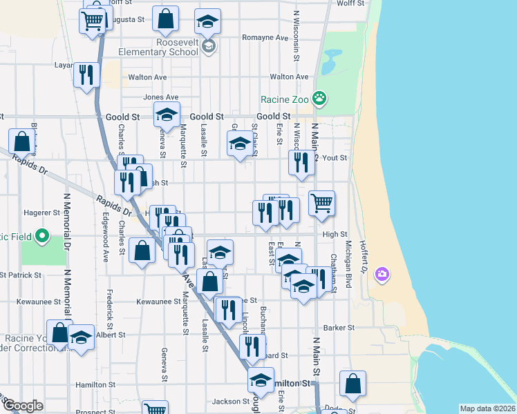 map of restaurants, bars, coffee shops, grocery stores, and more near 1816 Saint Clair Street in Racine