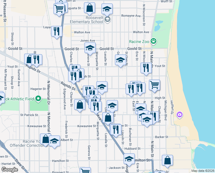 map of restaurants, bars, coffee shops, grocery stores, and more near 1820 Lasalle Street in Racine