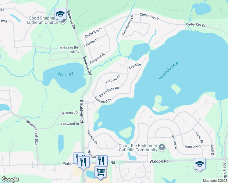 map of restaurants, bars, coffee shops, grocery stores, and more near 2428 Eaton Gate Road in Orion charter Township