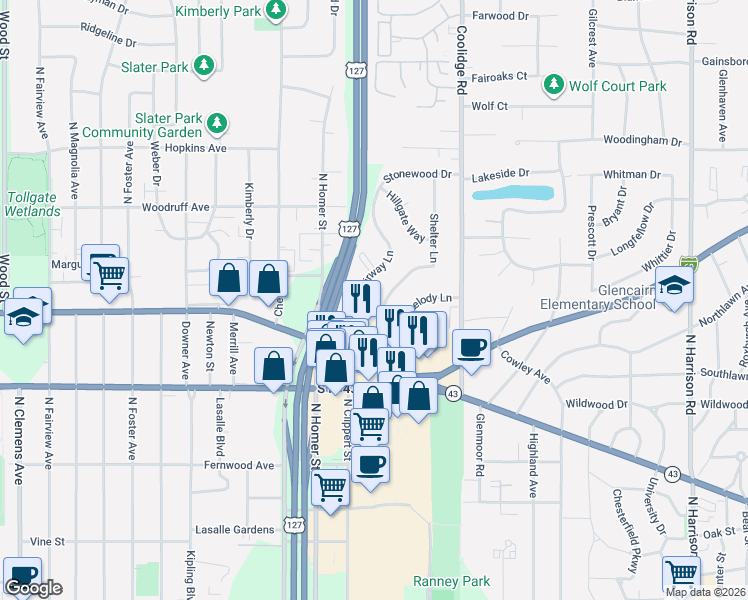 map of restaurants, bars, coffee shops, grocery stores, and more near 1005 Shelter Lane in Lansing
