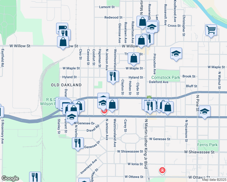 map of restaurants, bars, coffee shops, grocery stores, and more near 823 Westmoreland Avenue in Lansing