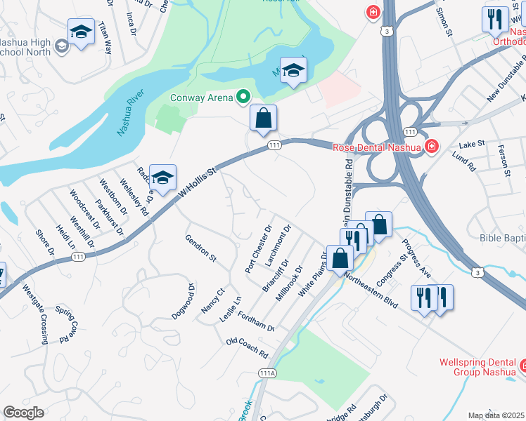map of restaurants, bars, coffee shops, grocery stores, and more near 26 Walkeridge Drive in Nashua