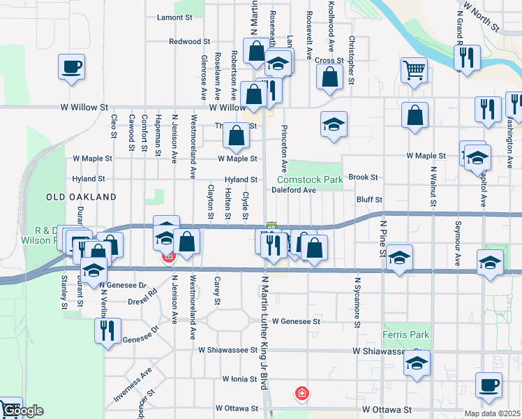 map of restaurants, bars, coffee shops, grocery stores, and more near 825 North Martin Luther King Junior Boulevard in Lansing