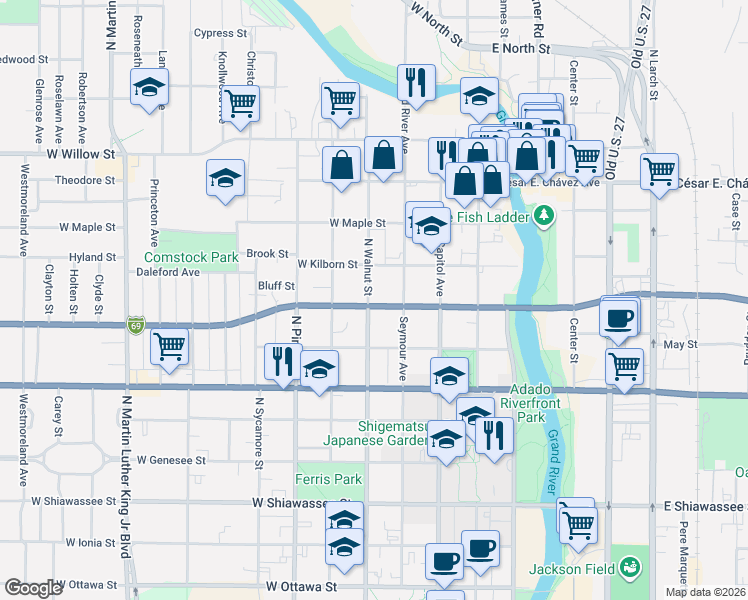 map of restaurants, bars, coffee shops, grocery stores, and more near 908 North Walnut Street in Lansing