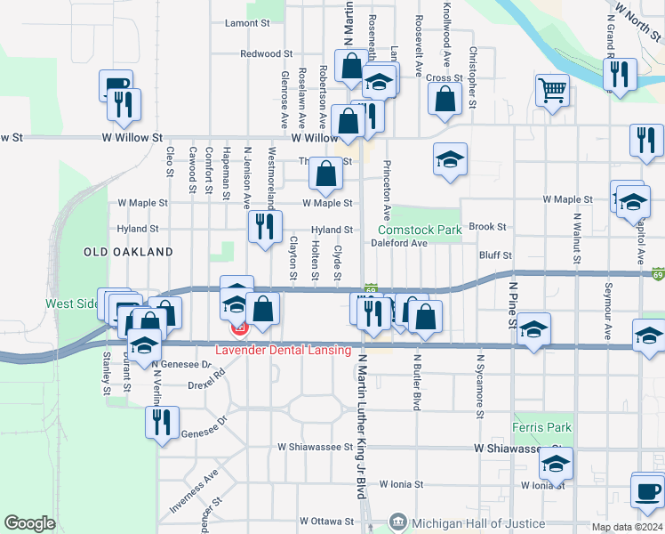 map of restaurants, bars, coffee shops, grocery stores, and more near 825 Clyde Street in Lansing