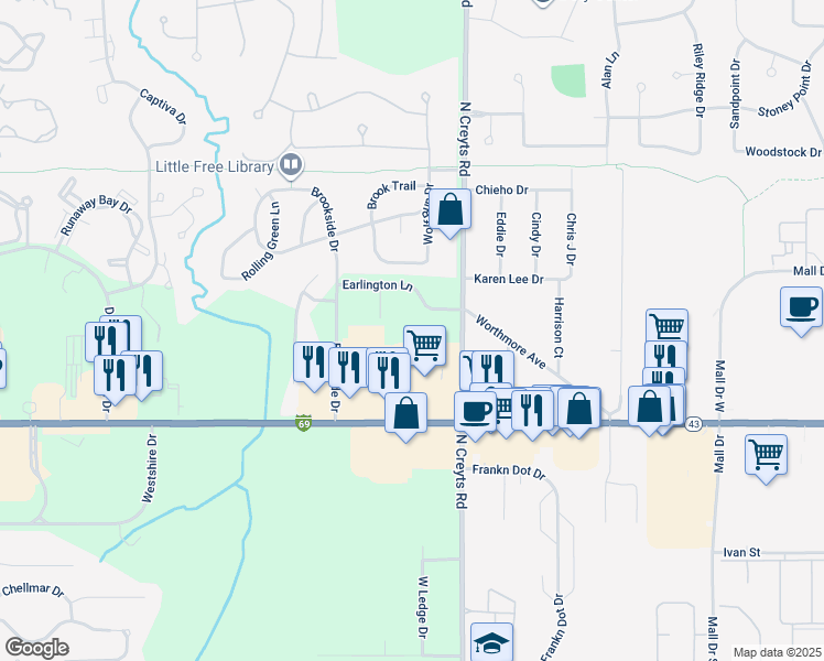 map of restaurants, bars, coffee shops, grocery stores, and more near 6429 Earlington Lane in Lansing