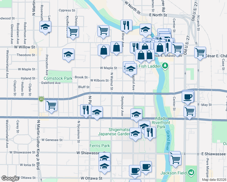 map of restaurants, bars, coffee shops, grocery stores, and more near 908 North Walnut Street in Lansing