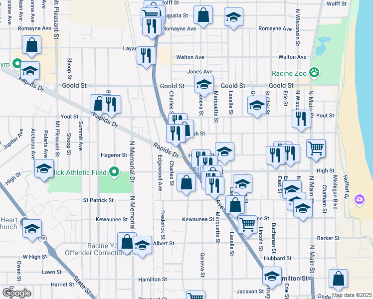 map of restaurants, bars, coffee shops, grocery stores, and more near 1229 English Street in Racine