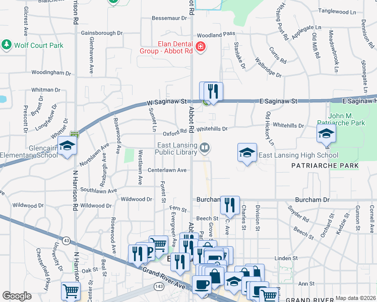 map of restaurants, bars, coffee shops, grocery stores, and more near 955 Abbot Road in East Lansing