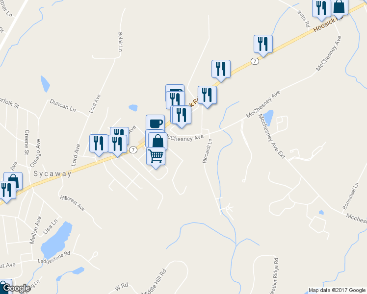 map of restaurants, bars, coffee shops, grocery stores, and more near 112 McChesney Avenue in Troy