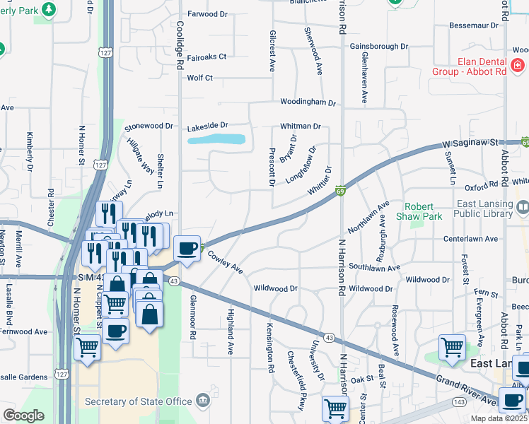 map of restaurants, bars, coffee shops, grocery stores, and more near 1027 Prescott Drive in East Lansing