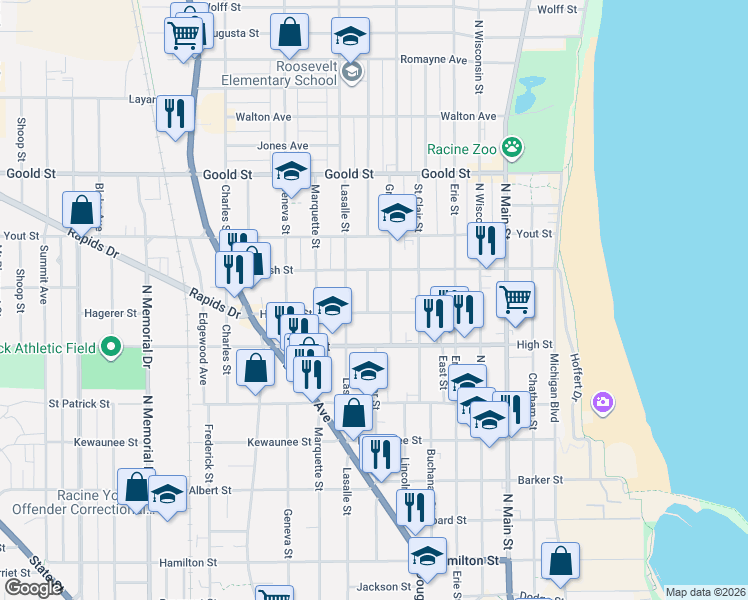 map of restaurants, bars, coffee shops, grocery stores, and more near 1821 Superior Street in Racine