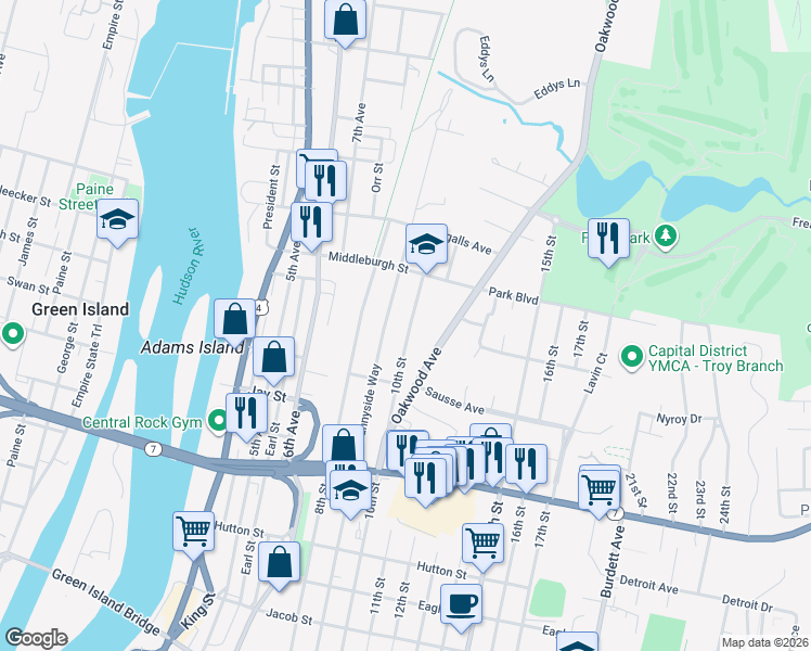 map of restaurants, bars, coffee shops, grocery stores, and more near 437 10th Street in Troy
