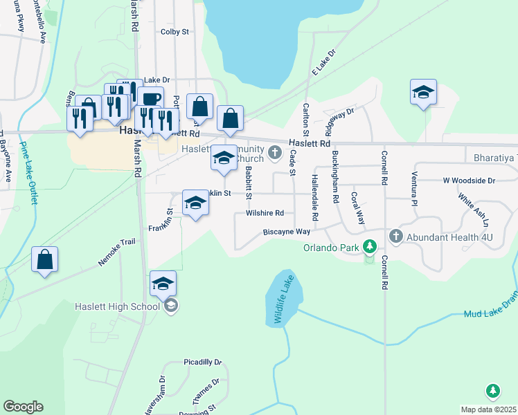 map of restaurants, bars, coffee shops, grocery stores, and more near 1433 Franklin Street in Meridian charter Township