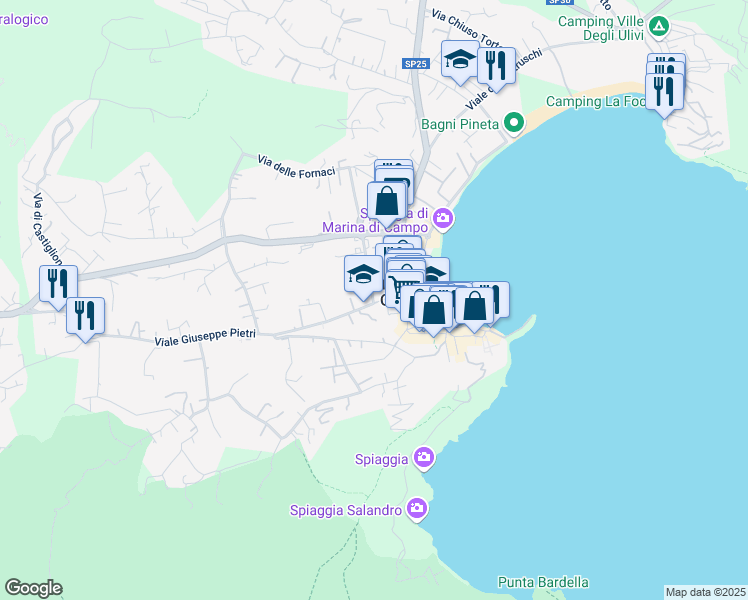 map of restaurants, bars, coffee shops, grocery stores, and more near 57 Via Giacomo Puccini in Marina di Campo