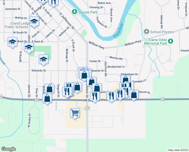 map of restaurants, bars, coffee shops, grocery stores, and more near 1109 Tulip Street in Grand Ledge