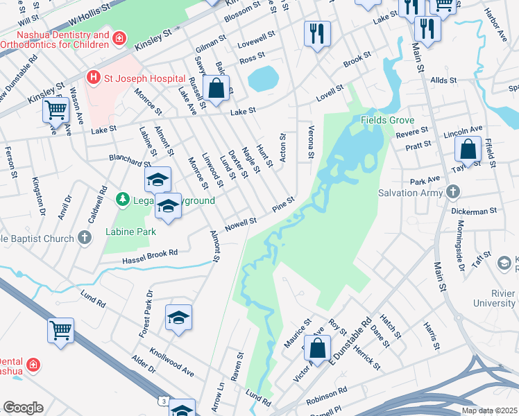 map of restaurants, bars, coffee shops, grocery stores, and more near 63 Dexter Street in Nashua