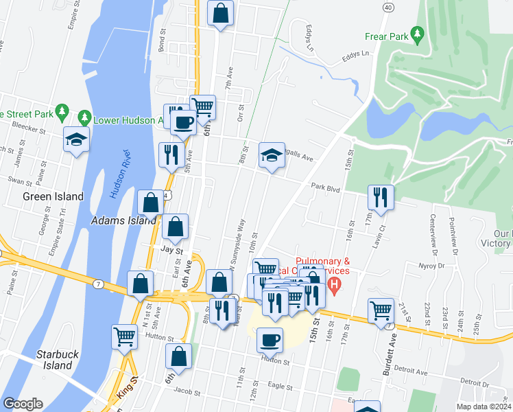 map of restaurants, bars, coffee shops, grocery stores, and more near 437 10th Street in Troy
