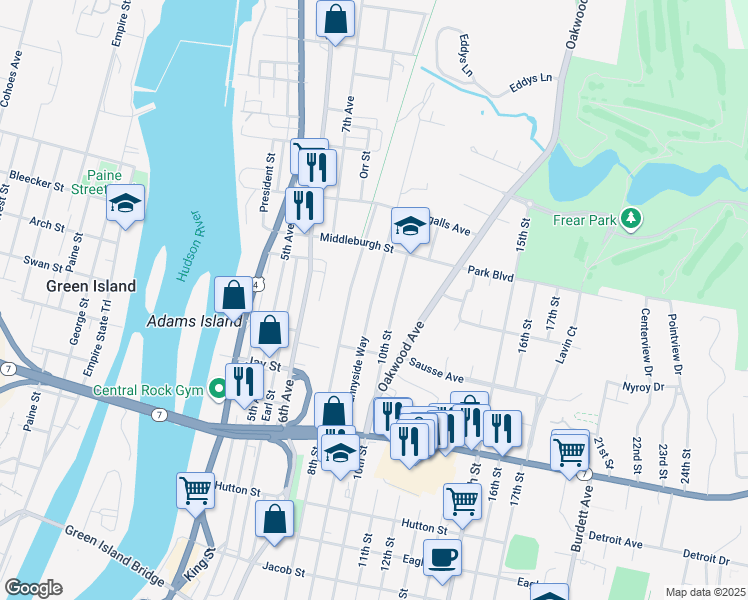 map of restaurants, bars, coffee shops, grocery stores, and more near 462 8th Street in Troy