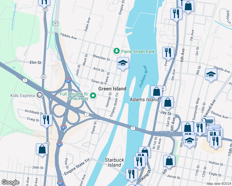 map of restaurants, bars, coffee shops, grocery stores, and more near 125 Hudson Avenue in Troy