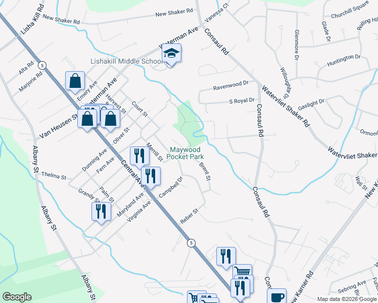 map of restaurants, bars, coffee shops, grocery stores, and more near 21 Brent Street in Albany
