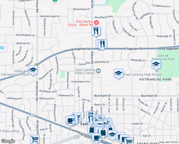 map of restaurants, bars, coffee shops, grocery stores, and more near 124 Northlawn Avenue in East Lansing