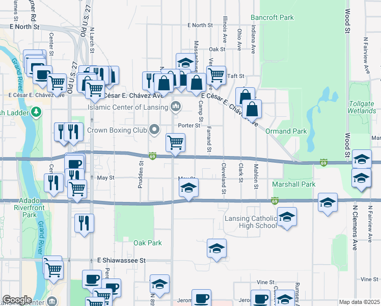 map of restaurants, bars, coffee shops, grocery stores, and more near 1017 East Oakland Avenue in Lansing