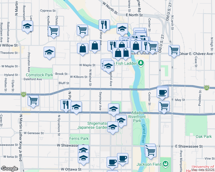 map of restaurants, bars, coffee shops, grocery stores, and more near 912 Seymour Avenue in Lansing