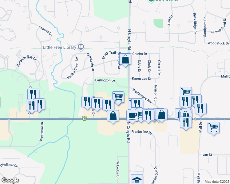 map of restaurants, bars, coffee shops, grocery stores, and more near Earlington Ln in Lansing