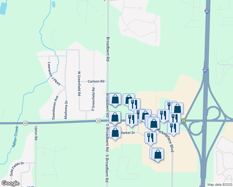 map of restaurants, bars, coffee shops, grocery stores, and more near 12028-12278 Broadbent Road in Lansing