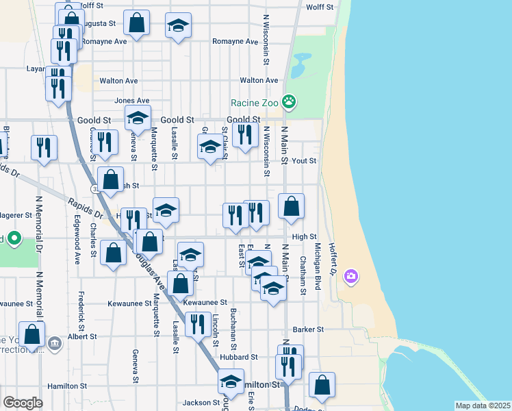 map of restaurants, bars, coffee shops, grocery stores, and more near 1818 North Wisconsin Street in Racine