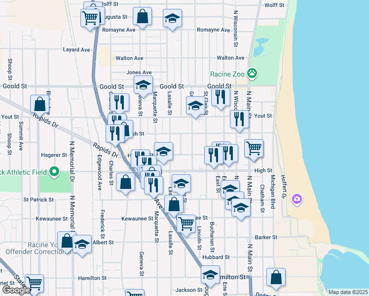 map of restaurants, bars, coffee shops, grocery stores, and more near 1821 Superior Street in Racine