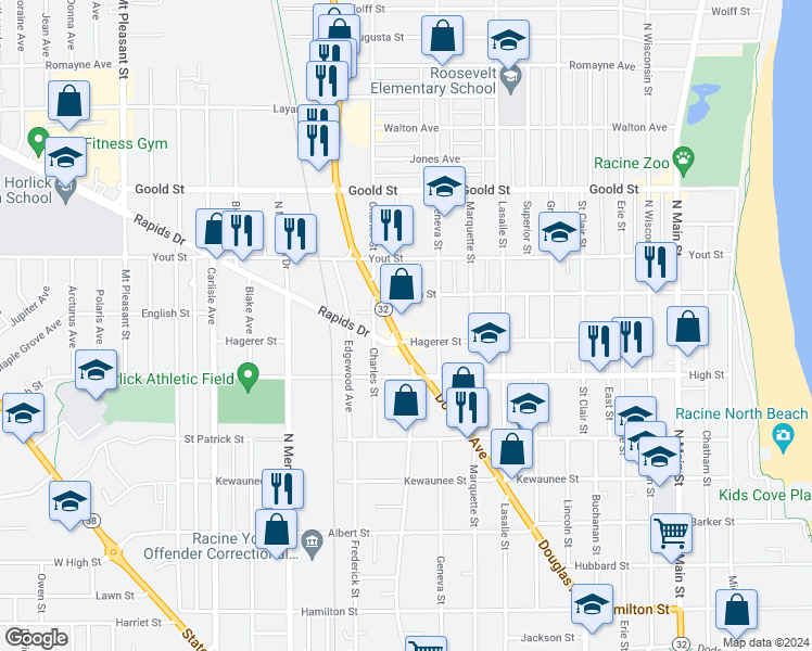 map of restaurants, bars, coffee shops, grocery stores, and more near 1229 English Street in Racine