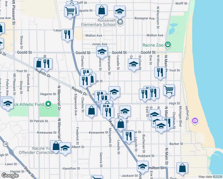 map of restaurants, bars, coffee shops, grocery stores, and more near 1820 Lasalle Street in Racine