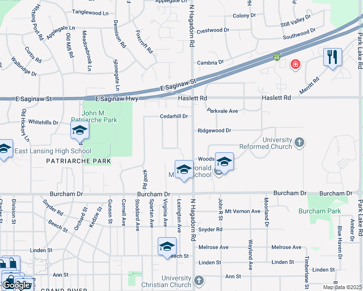 map of restaurants, bars, coffee shops, grocery stores, and more near 938 Delridge Road in East Lansing